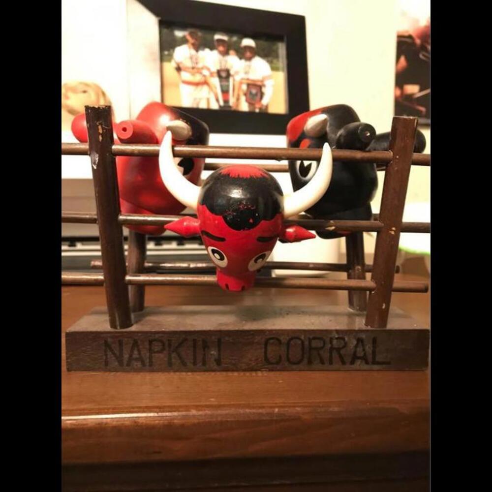 Vintage Wooden Coral Napkin Holder and Salt and Pepper Shakers